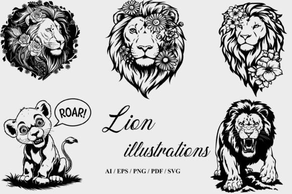 Lion Floral Minimalist Black White