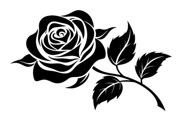 Rose Flower with Leaf Black Silhouette